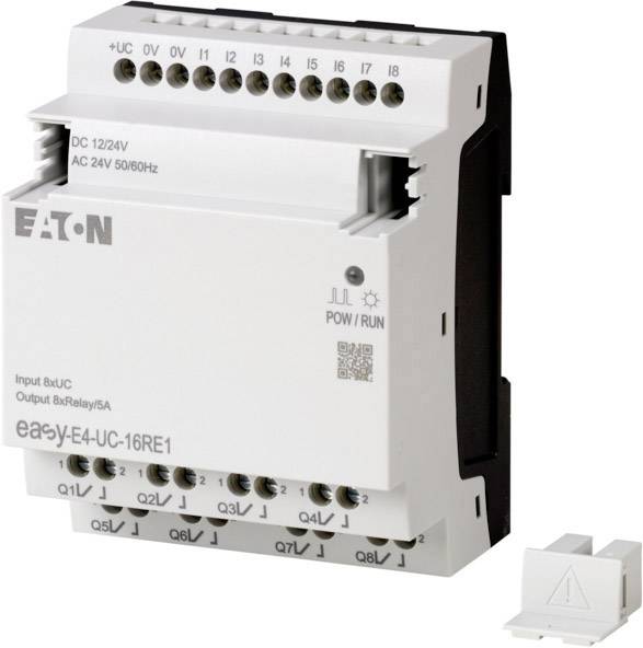 Un module de commande électrique blanc avec plusieurs bornes de connexion et portant le nom de marque 'EATON'. Il est utilisé pour contrôler des systèmes électriques.
