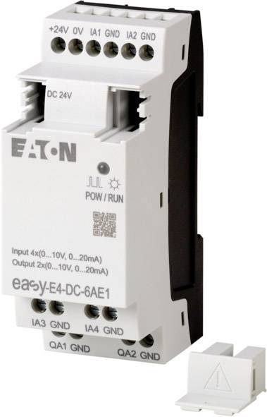 Module électronique avec plusieurs connexions, portant la marque 'Eaton' et différentes valeurs de tension.