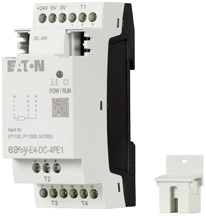 Un composant électronique blanc portant l'inscription 'Eaton', modèle 'easy-E4-DC-4PE1', montre ses connexions et ses voyants LED pour la surveillance.