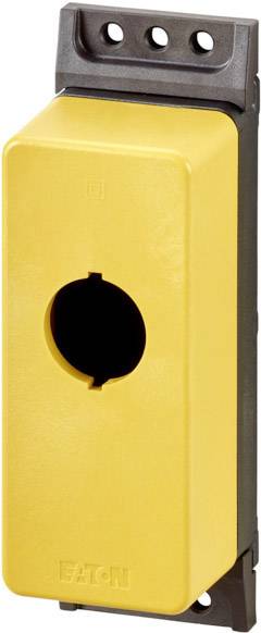 Boîtier en plastique jaune avec un trou central, adapté pour les interrupteurs industriels ; plaque de fixation supérieure noire avec trois trous pour le montage.