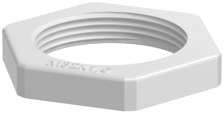 Écrou hexagonal, blanc, fileté.