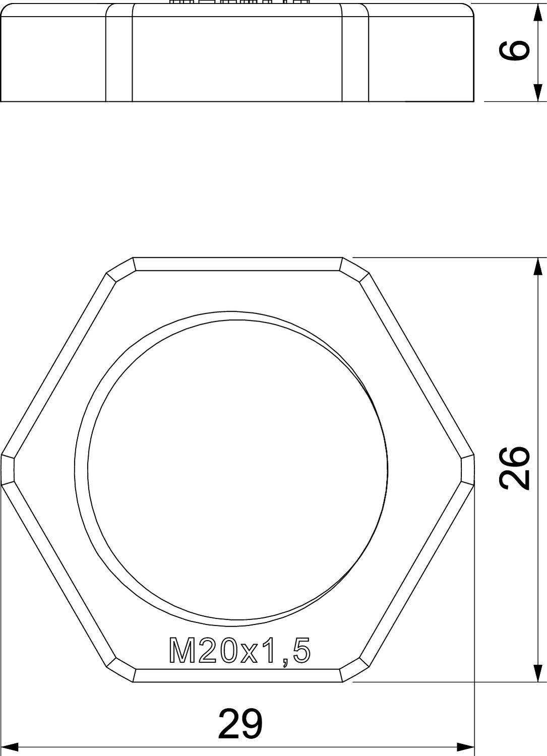 Dessin technique d'un écrou hexagonal. En haut : Vue latérale avec une hauteur de 6 mm. En bas : Vue de dessus avec une largeur de 29 mm et filetage M20x1,5.