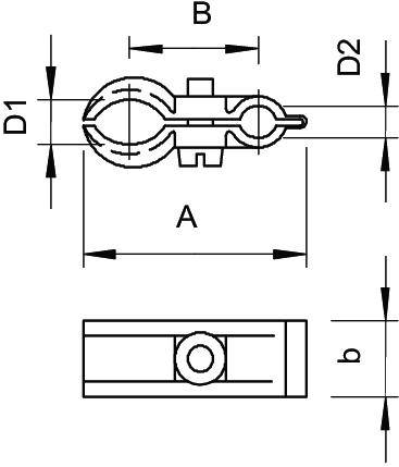 Dessin technique d'un clip de câble. Vue de dessus montrant les dimensions A, B, D1, D2 ; vue latérale montrant la dimension b.