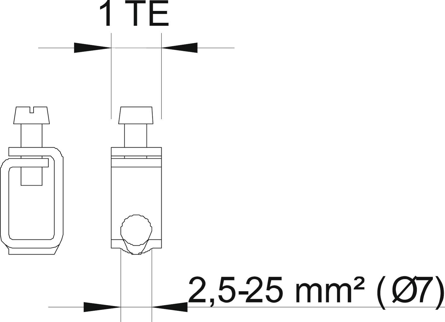 Dessin technique d'un connecteur. Inscription : '1 TE', '2,5-25 mm² (Ø7)'. Représente les dimensions et les proportions du connecteur.