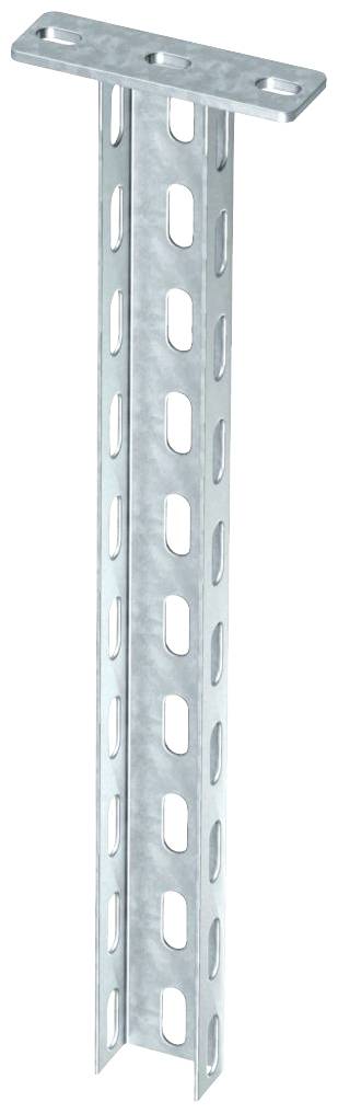 Équerre métallique, de couleur argentée, avec des ouvertures rectangulaires, fixée à une plaque en forme de T. Utilisée dans les travaux de construction ou de fixation.