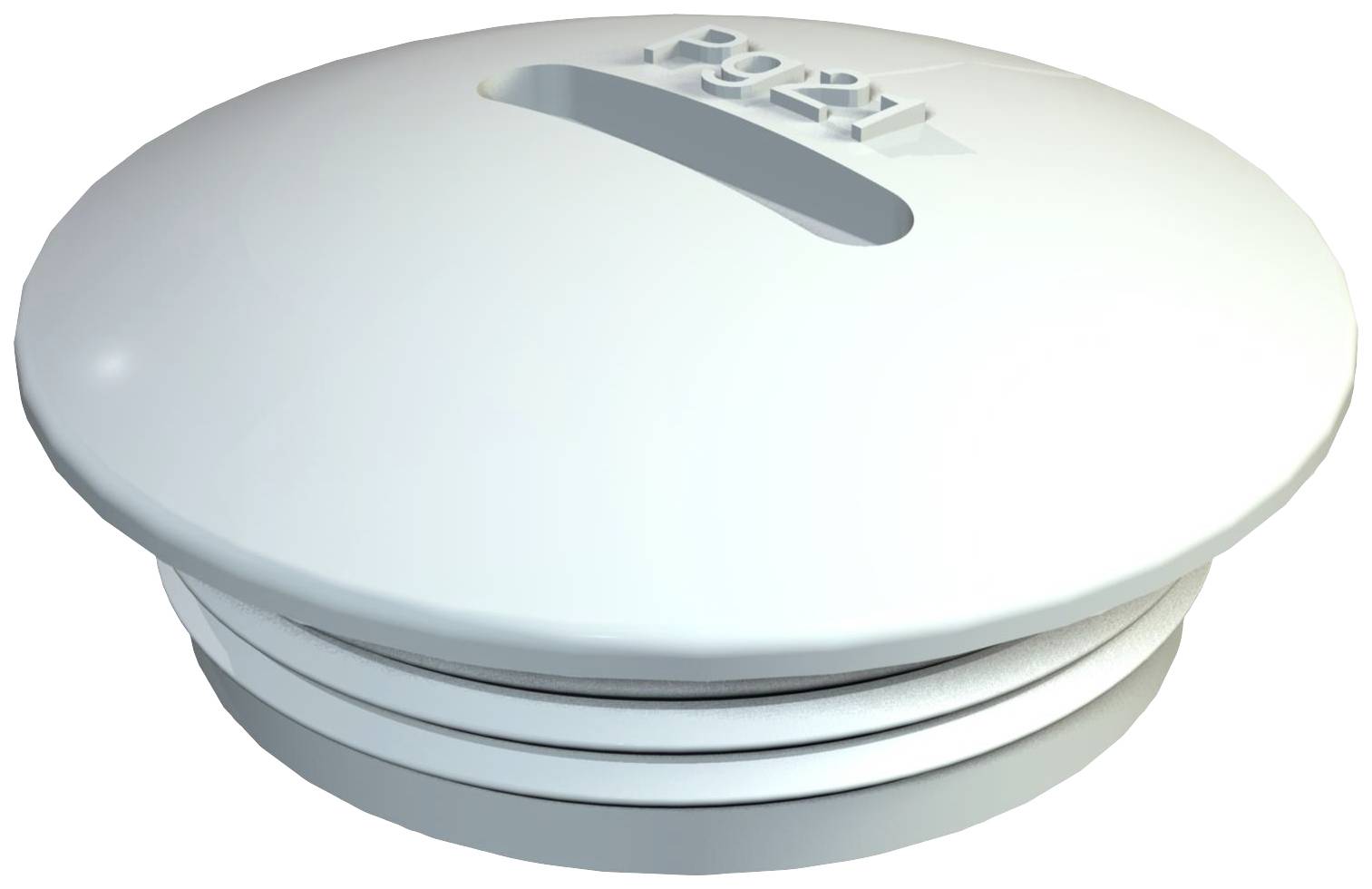 Bouchon d'évacuation blanc et rond, avec une encoche ovale encastrée pour la poignée.