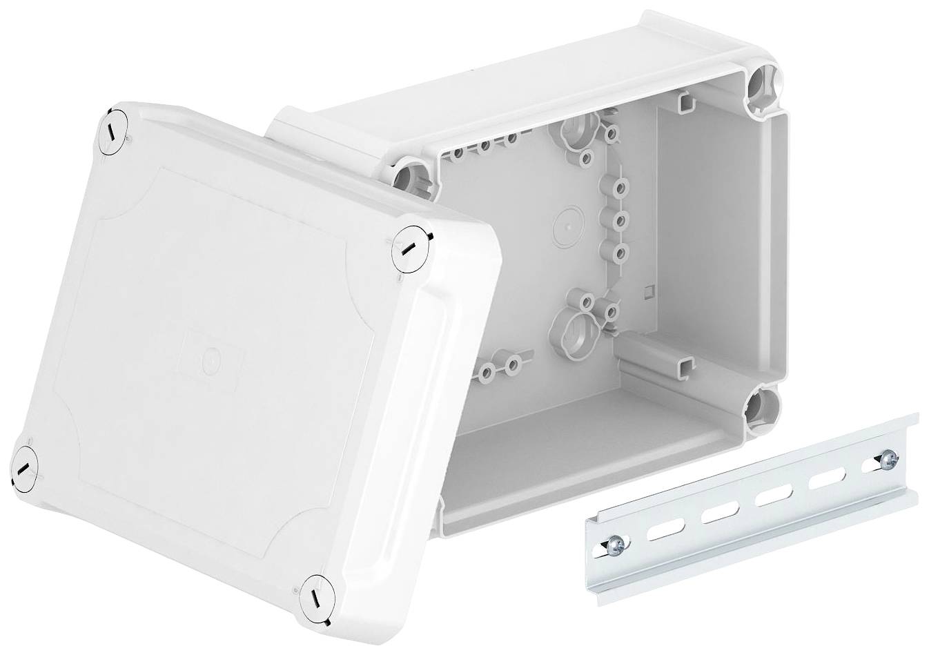 Un boîtier rectangulaire blanc en plastique avec un couvercle amovible, adapté aux installations électroniques ; à côté, un rail métallique.