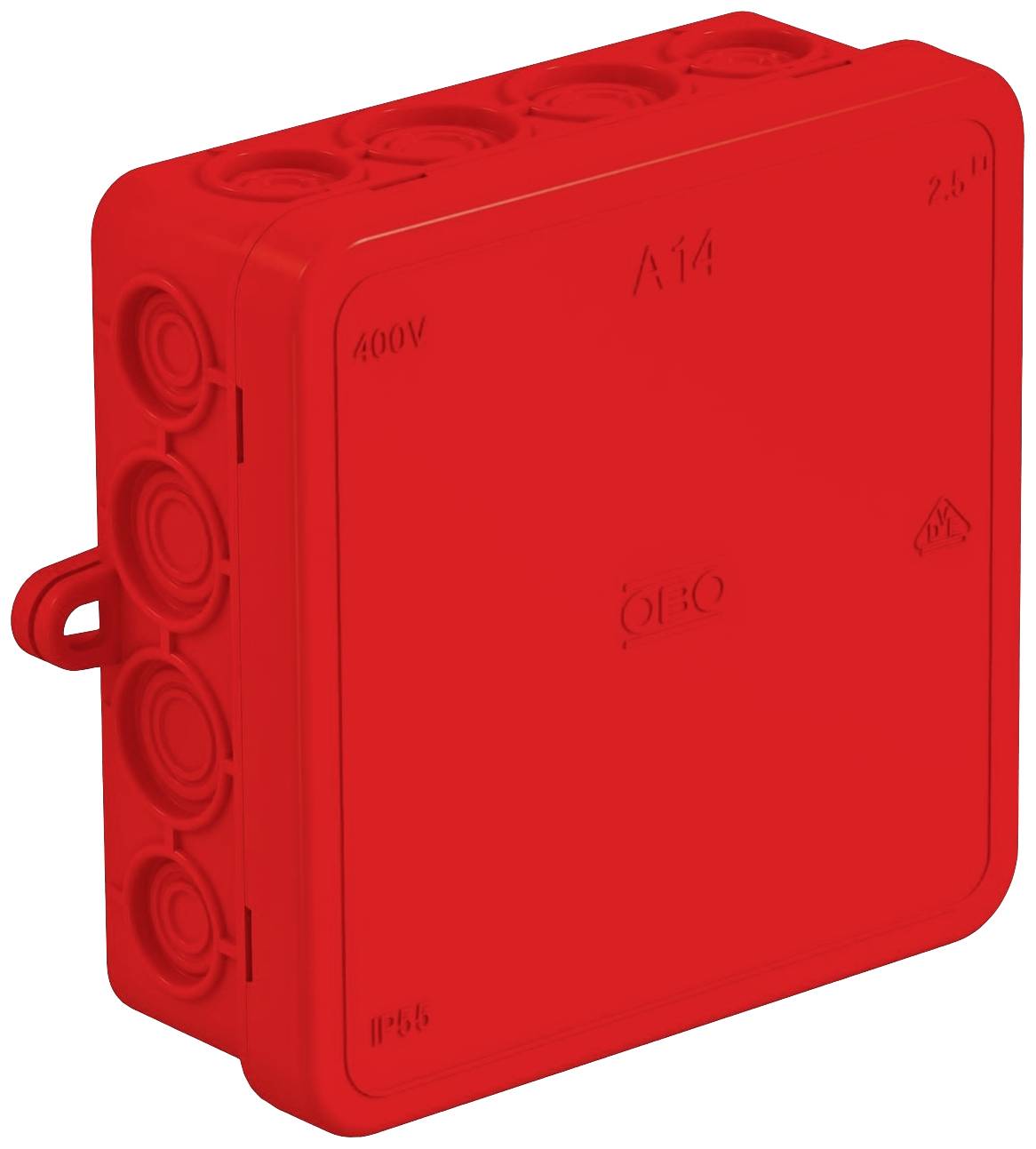 Boîte de dérivation électrique rouge avec plusieurs entrées de câbles, adaptée aux tensions jusqu'à 400V et marquée avec un indice de protection IP66.