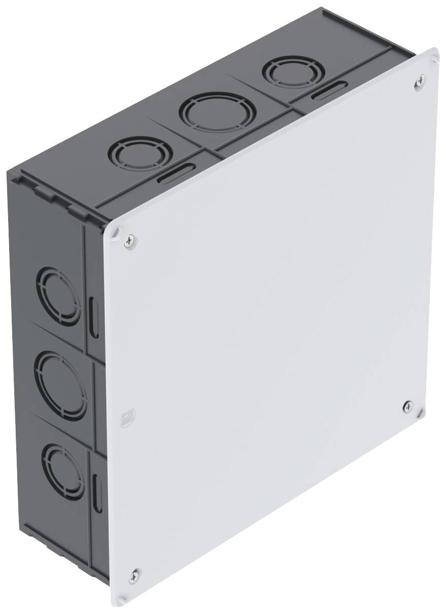 Boîte de dérivation en plastique grise avec couvercle amovible, présentant plusieurs passages de câbles sur les côtés ; accessoire typique pour installation électrique.