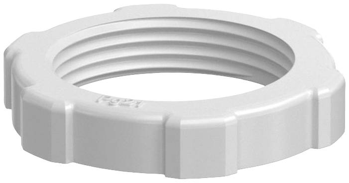 Un anneau blanc en plastique nervuré avec filetage intérieur, adapté pour des fixations mécaniques ou comme composant de fermeture.