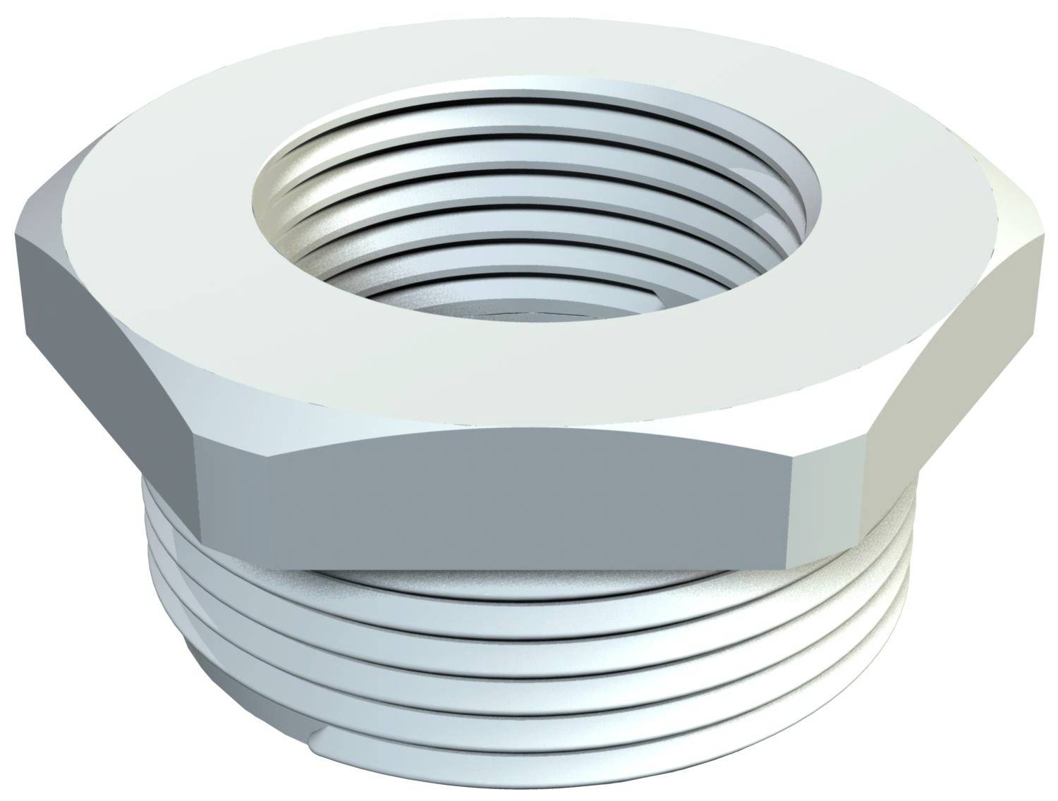 Écrou hexagonal à filetage intérieur, de couleur argentée, posé sur un fond blanc. Il est fréquemment utilisé pour assembler des boulons filetés.