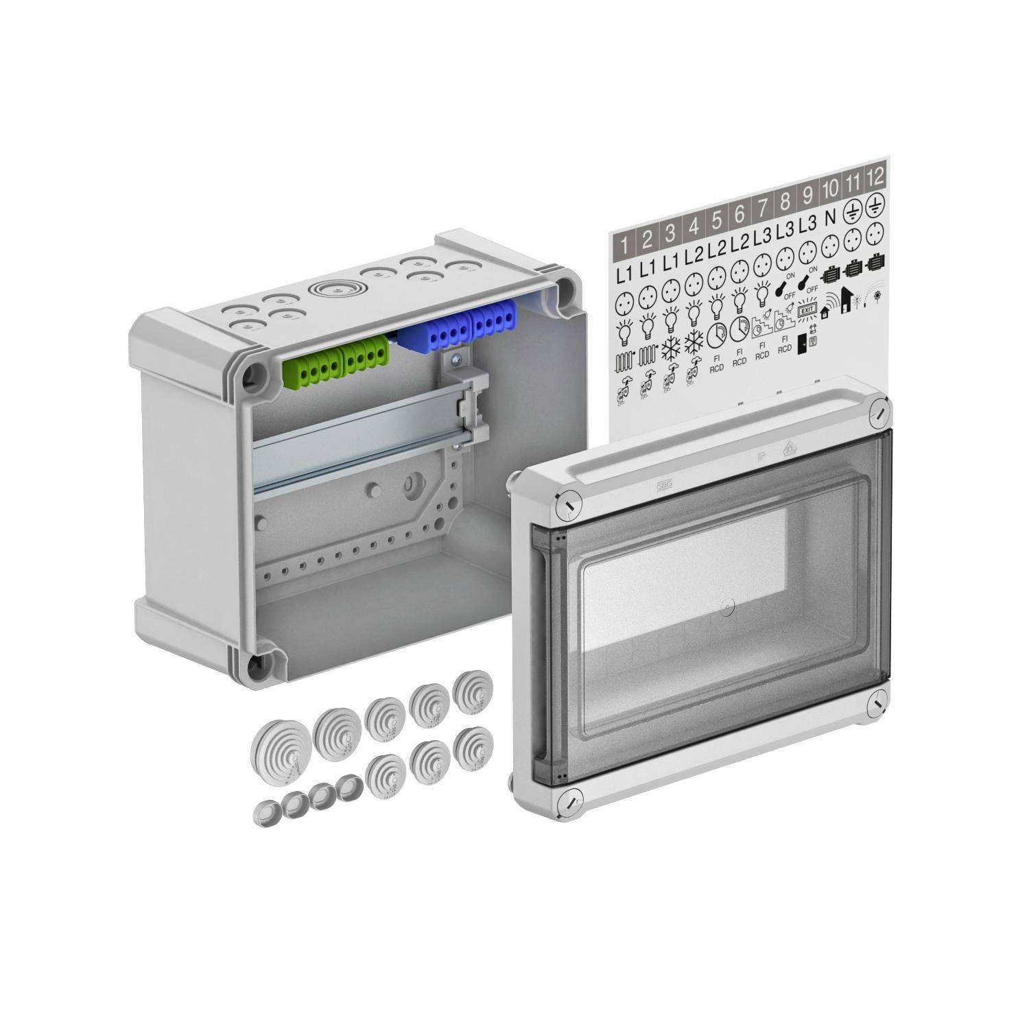 'Kit d'installation électrique : Boîtier gris avec couvercle transparent, joints, vis de fixation et carte de symboles.'