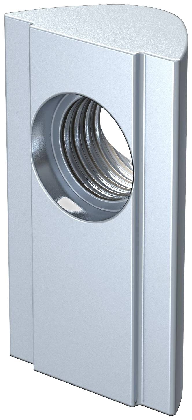 Écrou à T métallique, couleur argent, avec un trou central sans filetage. Utilisé pour la fixation dans les systèmes de profilés.