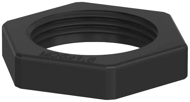 Une roue filetée hexagonale noire en plastique pour installations électriques. Pourvue d'une vis sans fin intérieure.