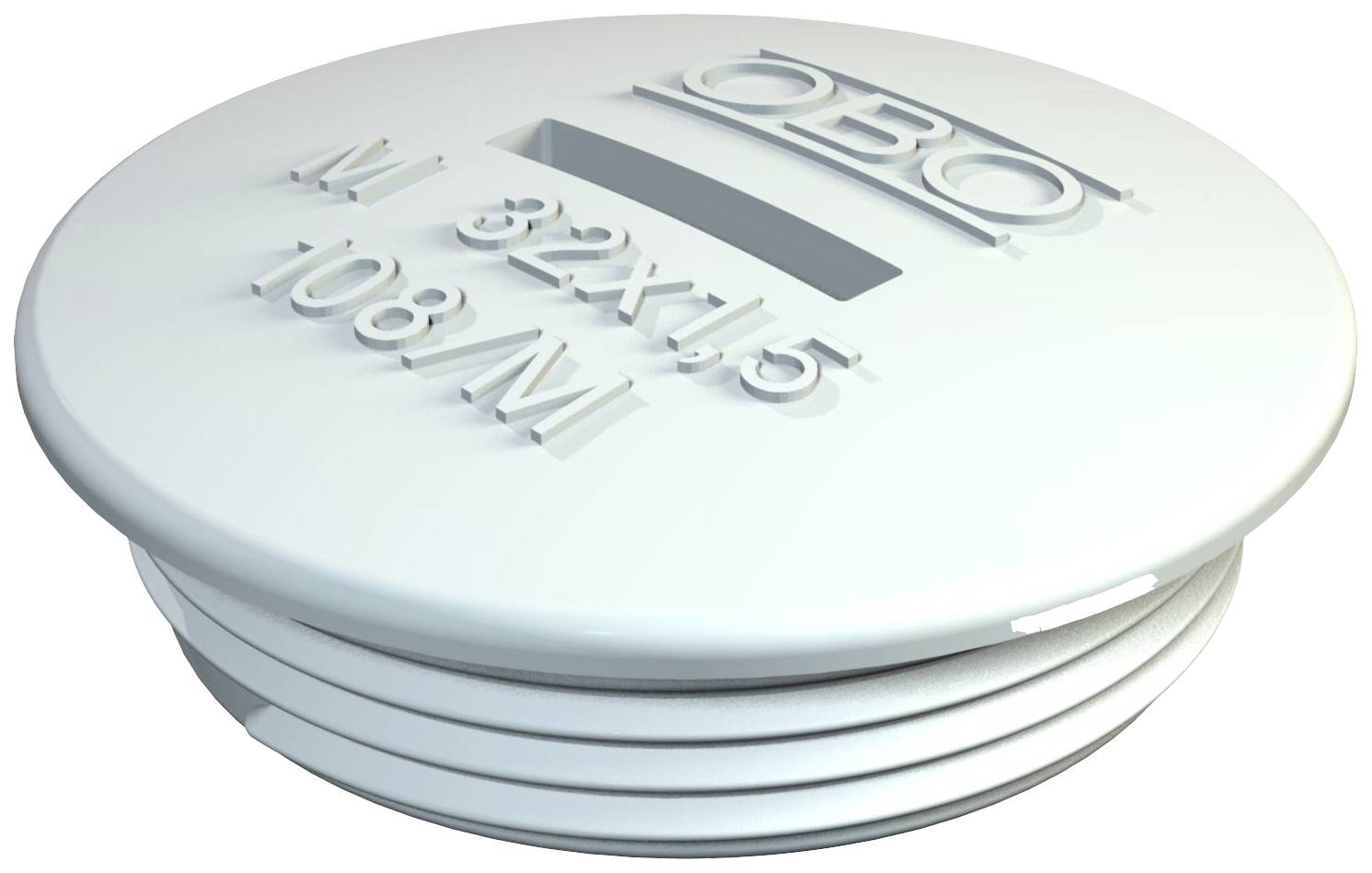 Couvercle rond blanc avec gravure 'OBO' et 'M32X1,5'. Nervures autour du bord, probablement une pièce ou un accessoire pour une application technique.