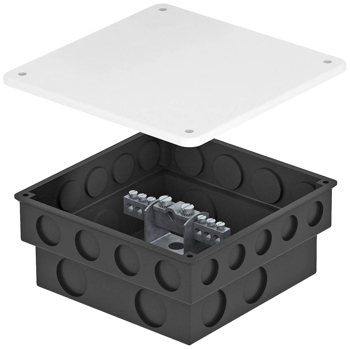 Image d'une boîte de connexion grise avec un couvercle blanc retiré, révélant des détails métalliques à l'intérieur. Utilisée pour le câblage électrique.