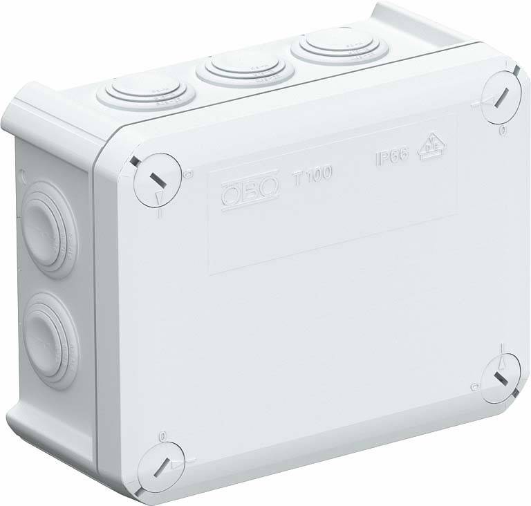 Un boîtier de sécurité rectangulaire blanc avec des ouvertures rondes, portant l'inscription 'QEO T100 IP65'.