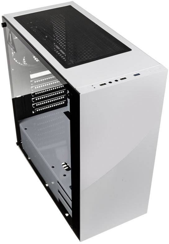 Boîtier d'ordinateur blanc avec une fenêtre en verre sur le côté, plusieurs ports USB et des grilles de ventilation en haut. Idéal pour les PC de montage personnel.