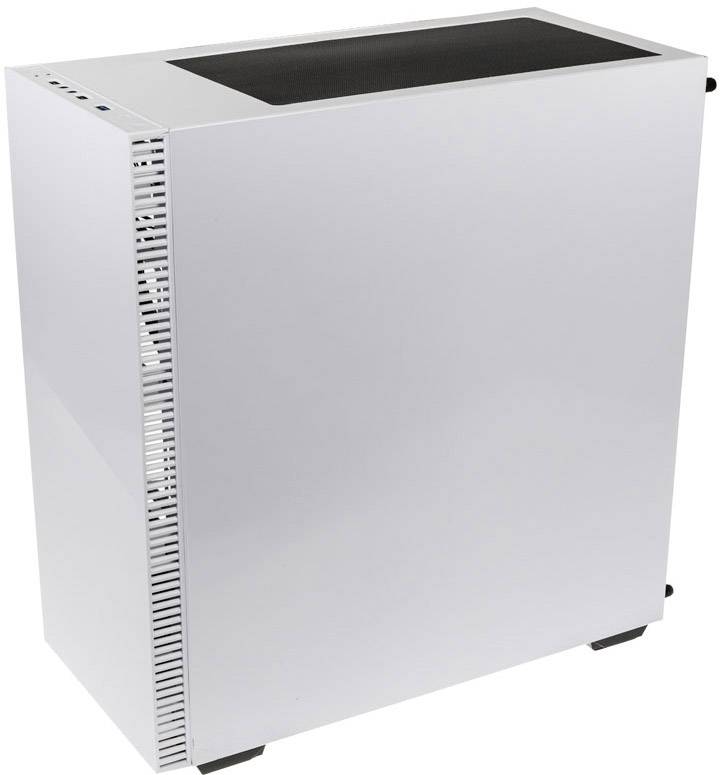 Un boîtier d'ordinateur simple et moderne en blanc, avec des côtés lisses et des fentes de ventilation à l'avant. Adapté pour la construction de PC.