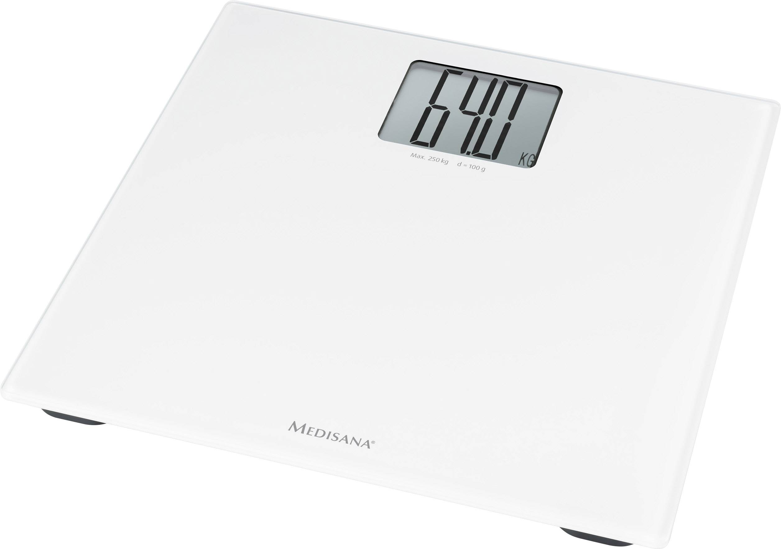 Balance numérique personnelle avec un affichage indiquant '64,0 kg'. Balance blanche, plate, de la marque 'Medisana'.