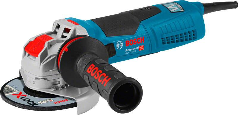Meuleuse d'angle de la marque Bosch avec boîtier bleu et noir et poignée de commande rouge, adaptée aux travaux de meulage et de coupe.