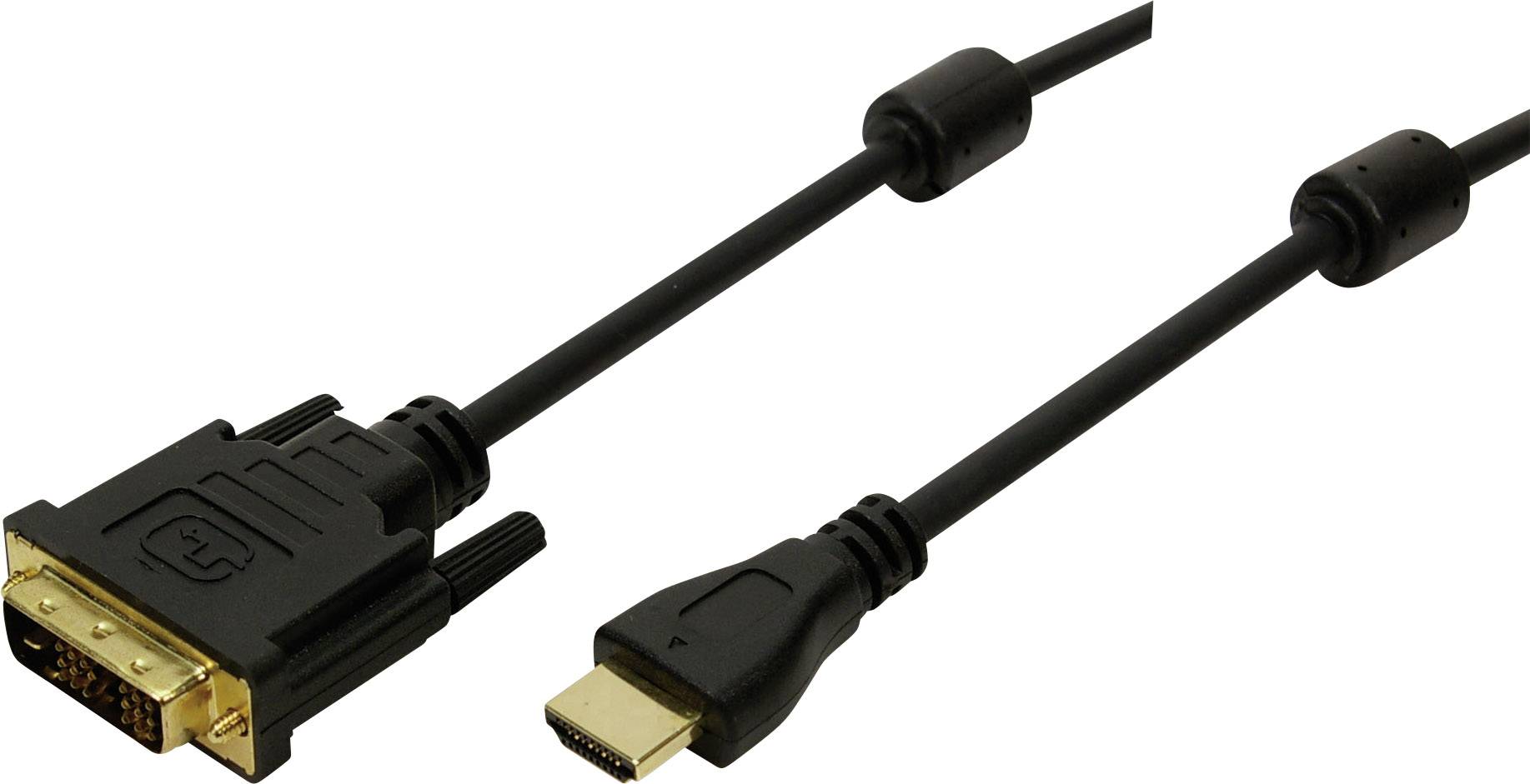 Un câble HDMI vers DVI présente les connexions : DVI à gauche et HDMI à droite, tous deux en noir. Il sert à connecter des sources vidéo.