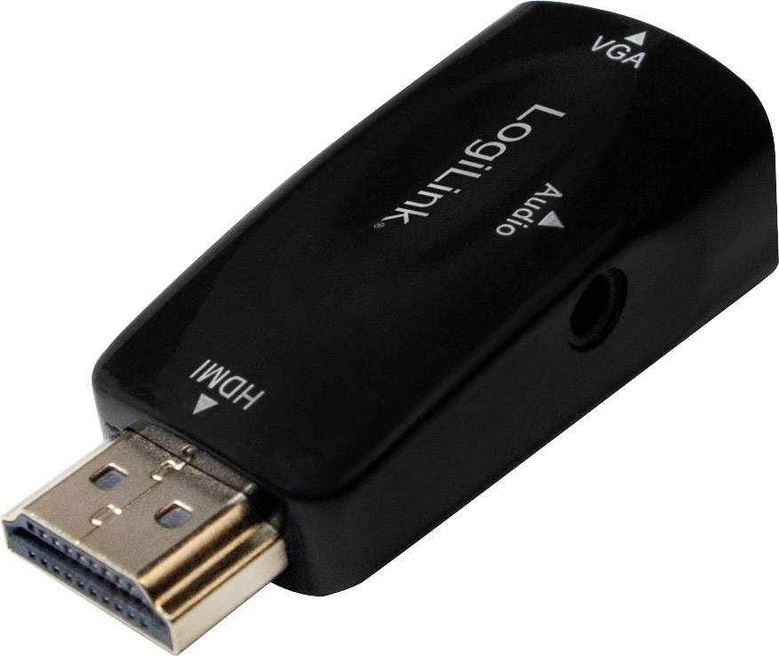 Adaptateur HDMI vers VGA noir avec sorties VGA et audio, nom de marque et ports de connexion visibles sur la face avant.