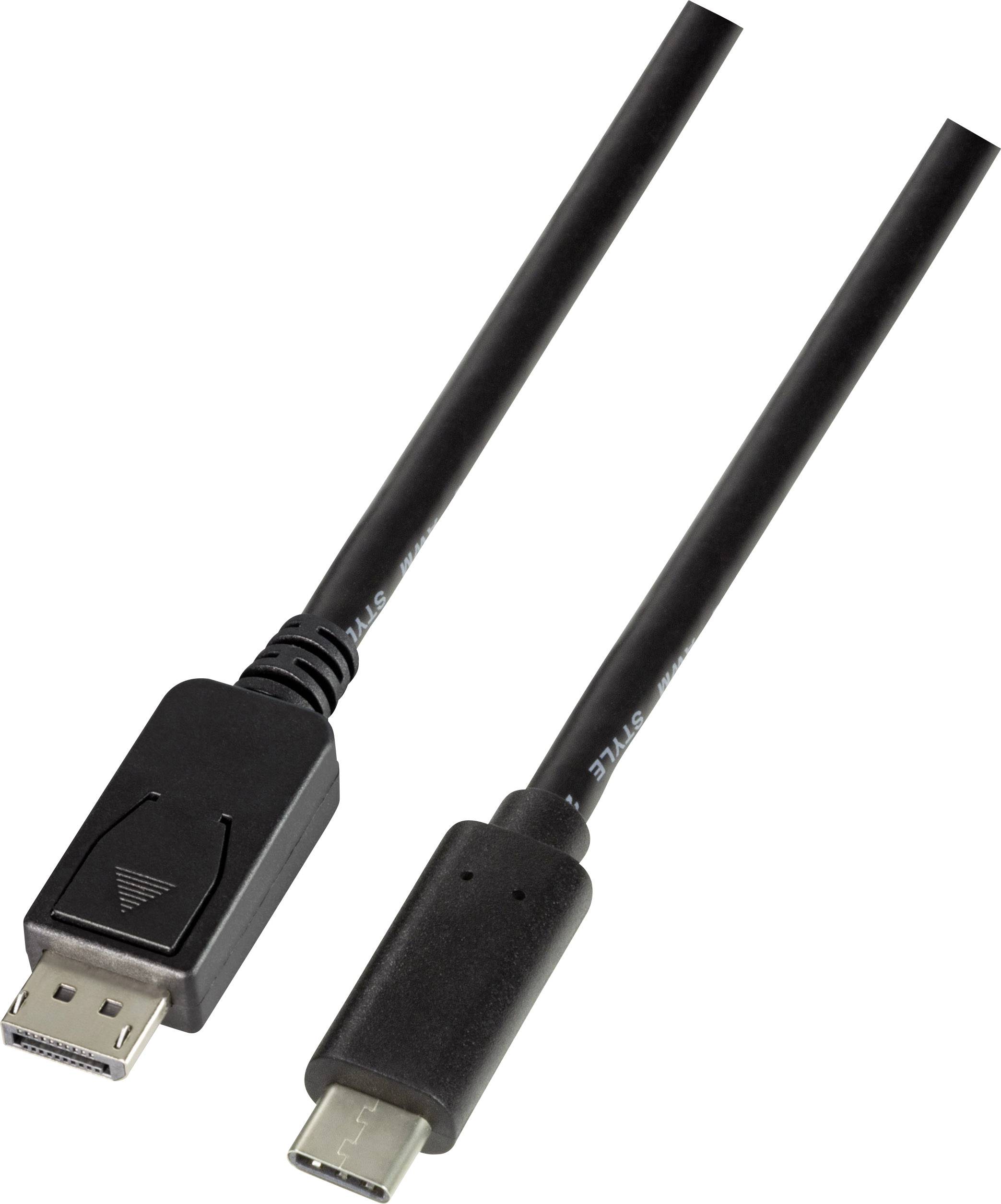Un câble noir avec une fiche DisplayPort d'un côté et une fiche USB-C de l'autre.