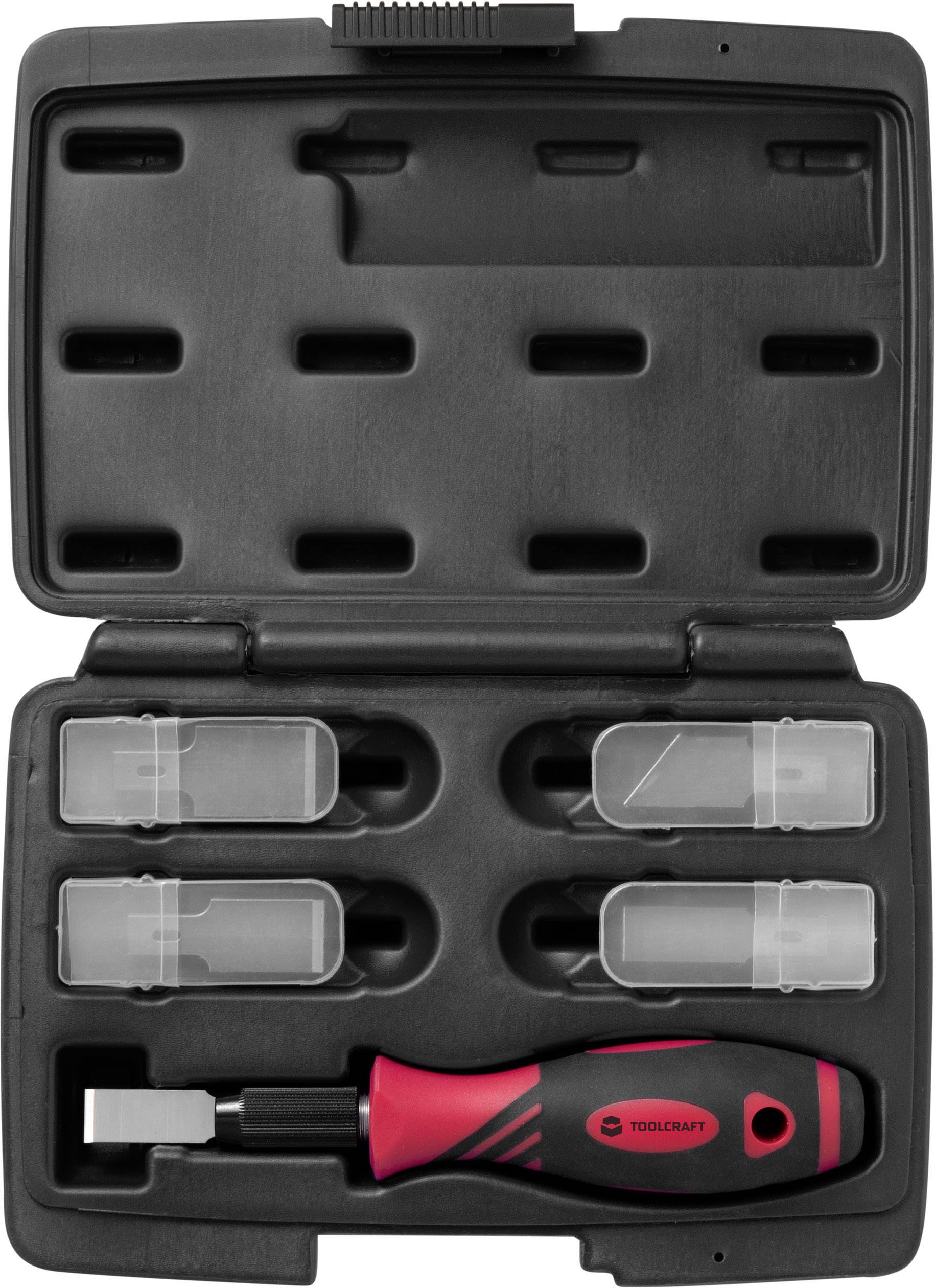 Boîte à outils avec un outil de préhension rouge et quatre contenants transparents logés dans un insert en mousse sur mesure.