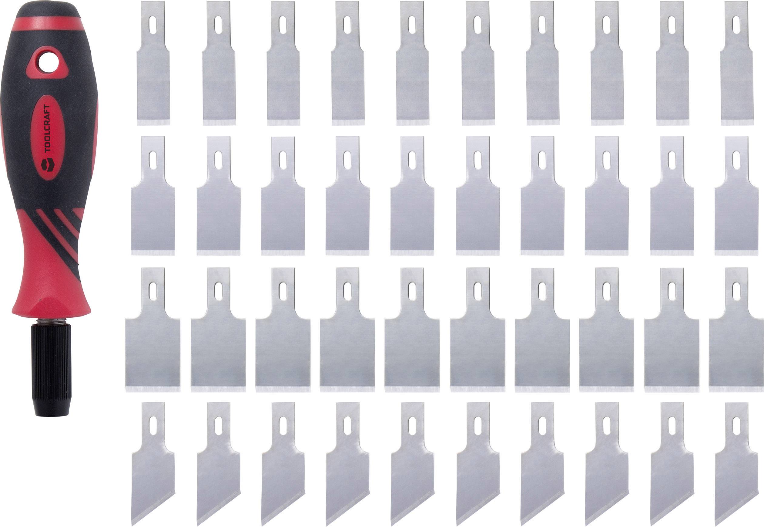 Tournevis avec poignée rouge et 30 lames de rechange de différentes formes, adapté aux travaux de précision ou à la modélisation.