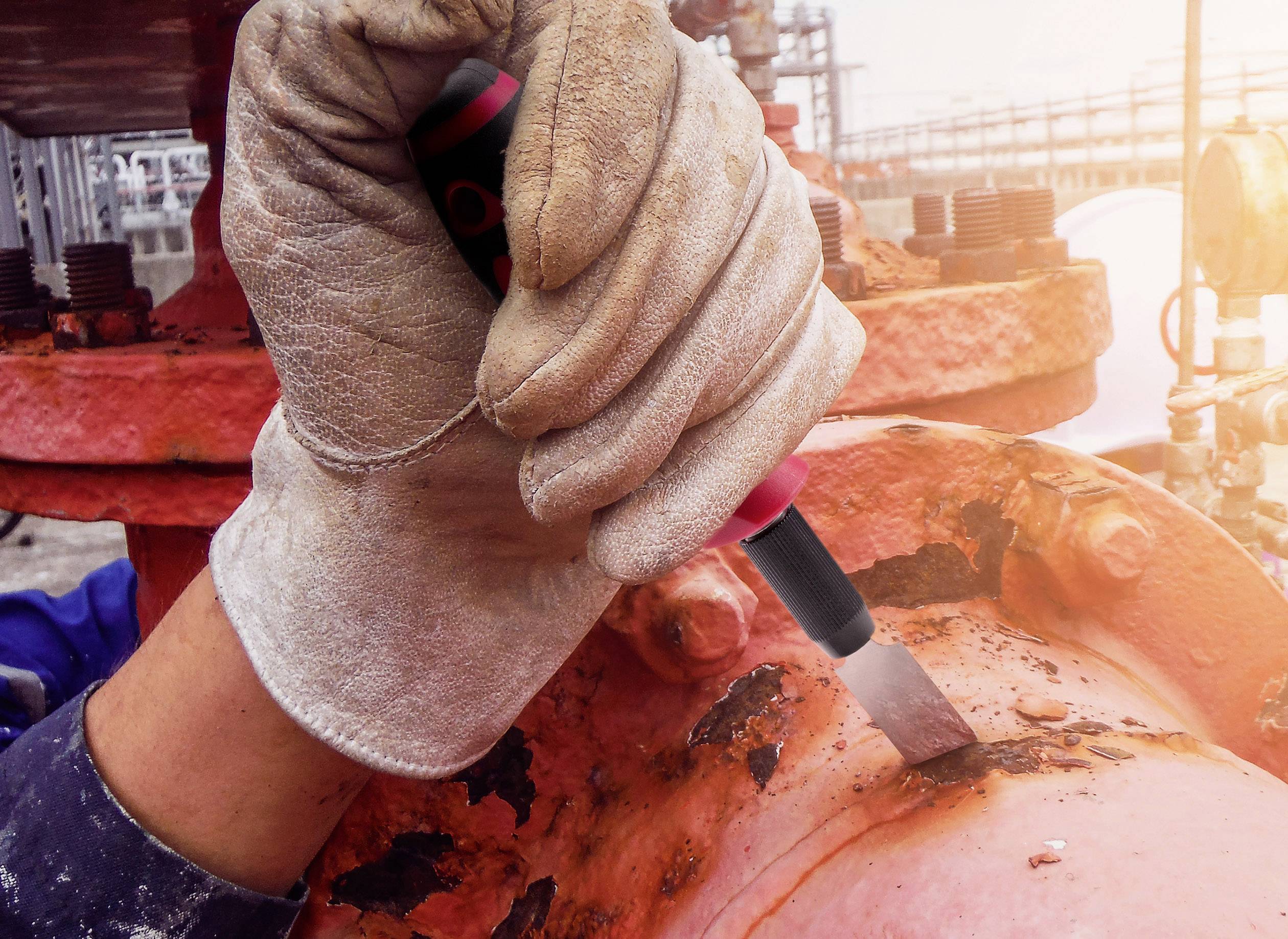 Une main gantée de gants de travail tient un outil et retire la rouille d'un grand tuyau industriel à la peinture rouge écaillée.