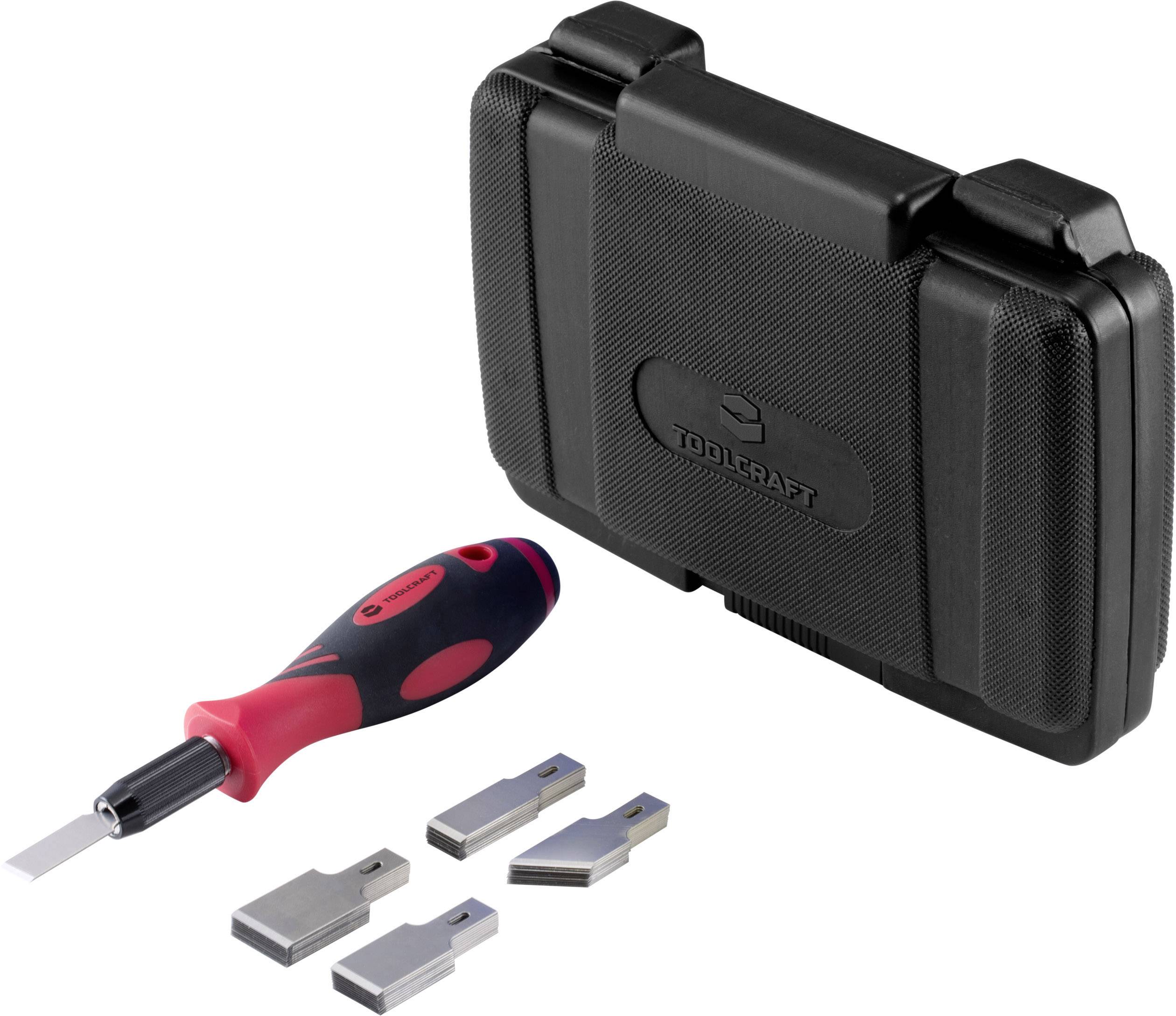 Ensemble de tournevis avec poignée rouge et noire, comprenant cinq lames interchangeables et un coffret de rangement en plastique noir.