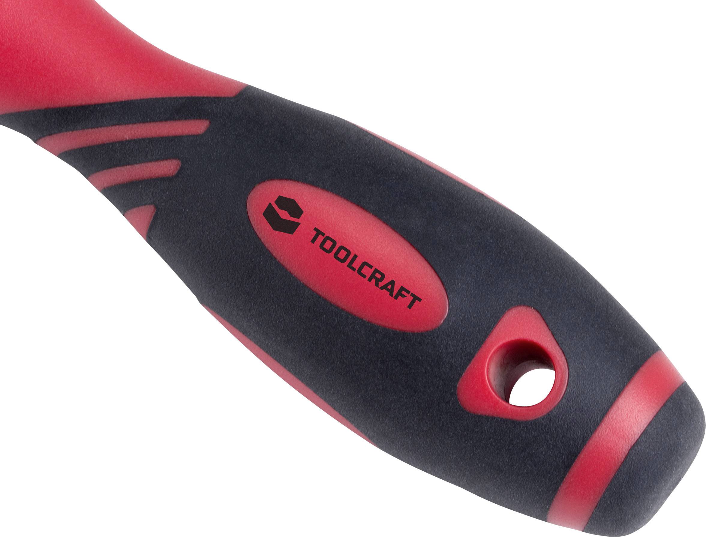 Poignée d'un outil en noir et rouge avec le logo 'TOOLCRAFT' ; design ergonomique pour une prise en main confortable.