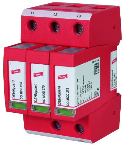 Un dispositif de protection contre les surtensions de couleur rouge avec trois modules sur lesquels est inscrit 'DEHNguard DG MOD 275'. Il est destiné à protéger les systèmes électriques.