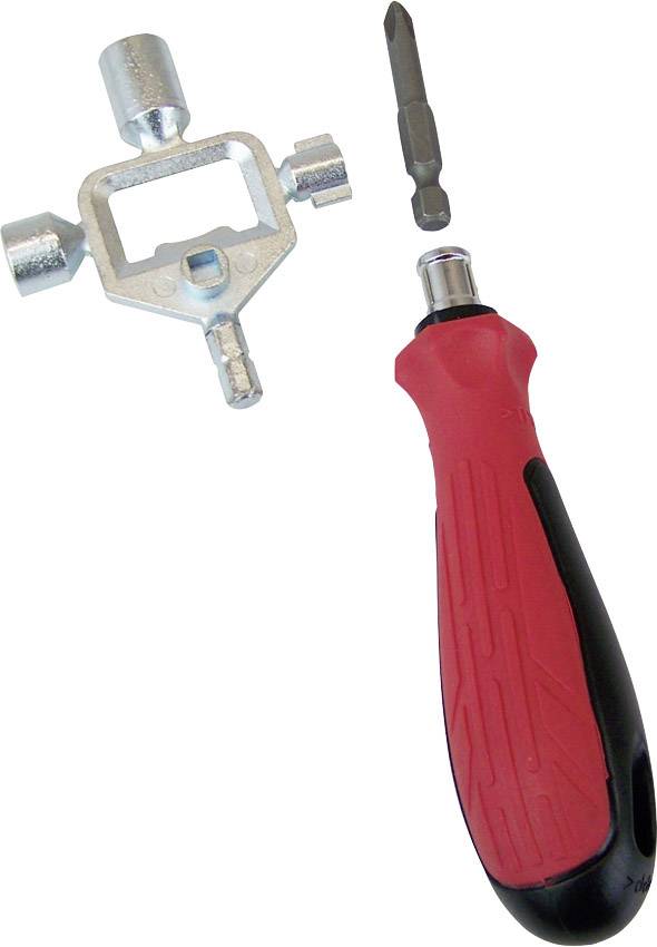 Ensemble d'outils comprenant une poignée de tournevis rouge, un embout cruciforme et une clé à carré.