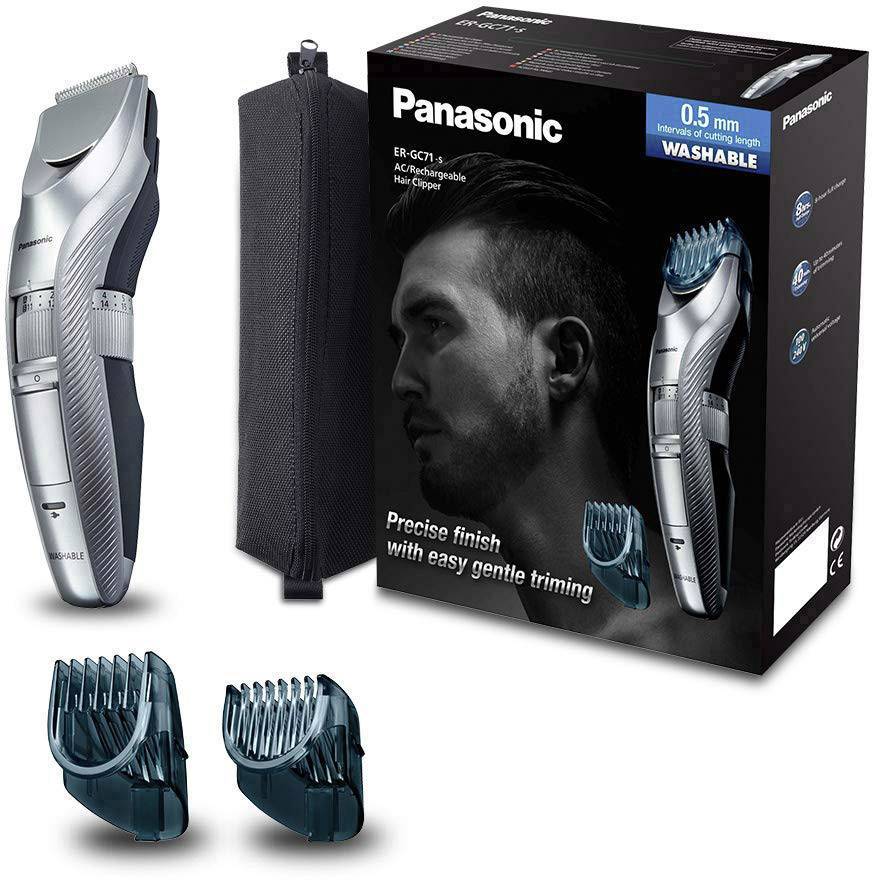 Kit de coupe de cheveux de Panasonic avec tondeuse, embouts de peigne et pochette de rangement. L'emballage présente un homme aux cheveux stylisés.