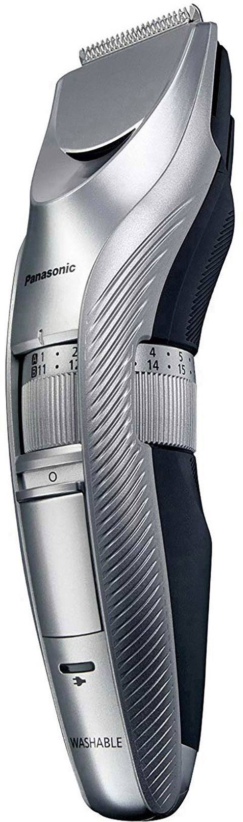 Tondeuse électrique avec lames réglables et poignée ergonomique, design argenté, marque indiquée.