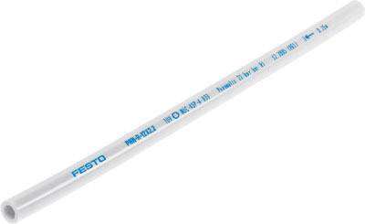 Un tube pneumatique blanc de Festo avec un marquage bleu, spécifié pour une pression maximale de 10 bars et un diamètre extérieur de 4 mm.