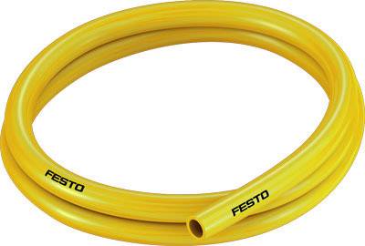 Tuyau pneumatique jaune portant l'inscription 'FESTO' sur sa surface. Le tuyau est formé en cercle et semble flexible.