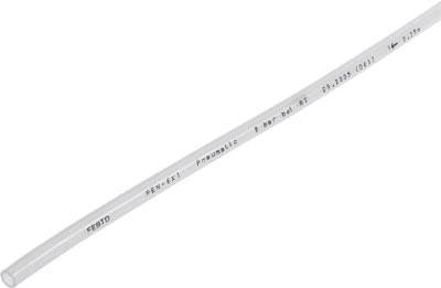 Un tuyau pneumatique blanc de 'Festo', portant des spécifications de pression et de diamètre.