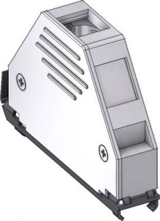 Un adaptateur de rail DIN gris isolé à forme asymétrique, destiné à la fixation de modules électroniques dans des applications d'armoires électriques.