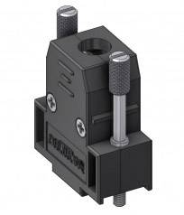 Composant industriel, probablement un support en matériau noir, avec deux vis en argent pour la fixation, découpe cylindrique en haut.