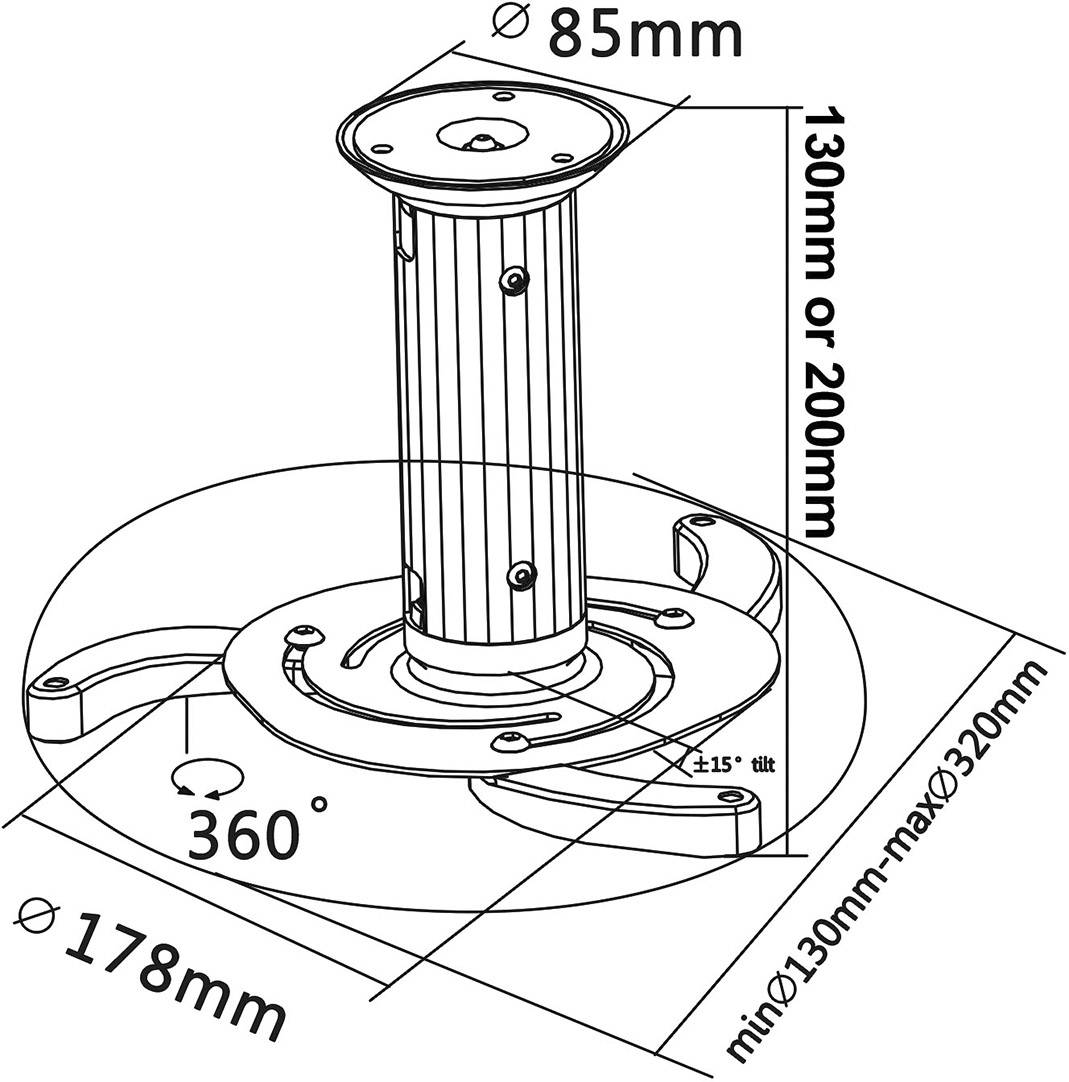 Support de plafond pour vidéoprojecteur avec hauteur réglable (130 mm ou 200 mm) et inclinaison jusqu'à ±15°. Rotation à 360°, cercle de montage de 320 mm.