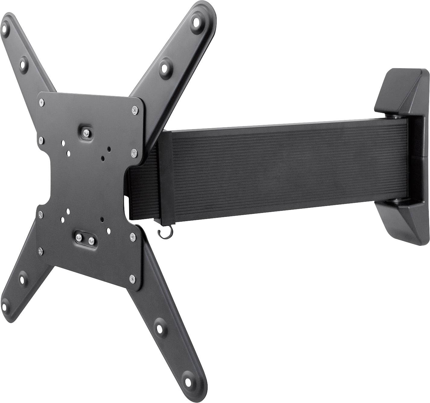 Support mural TV noir, orientable avec bras articulé, adapté aux écrans plats, sur fond blanc.