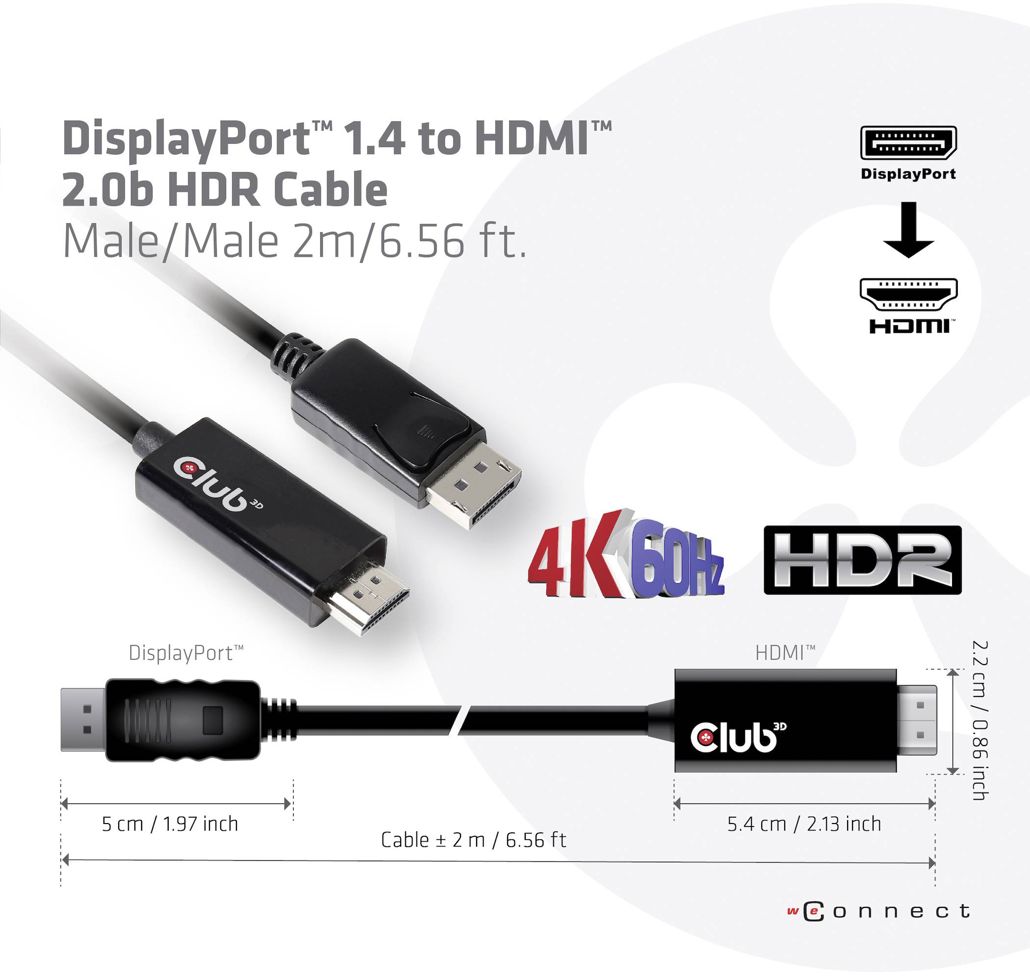 Câble adaptateur club3D DisplayPort / HDMI Fiche mâle DisplayPort, Fiche mâle HDMI-A 2.00 m argent CAC-1082 Câble DisplayPort