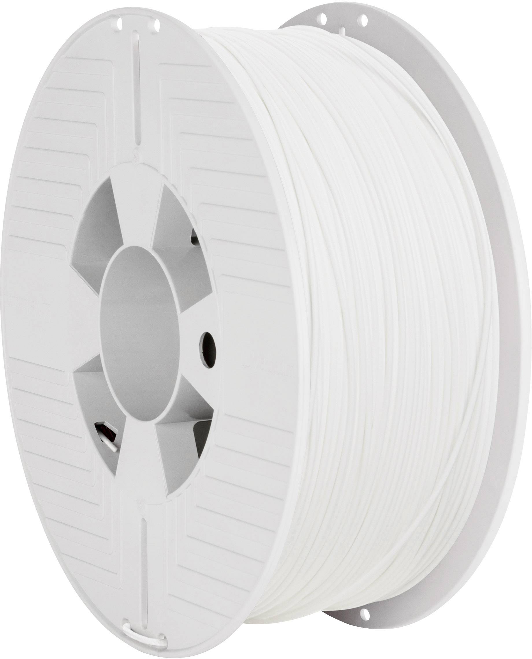Une bobine de plastique contenant du filament blanc pour imprimante 3D.