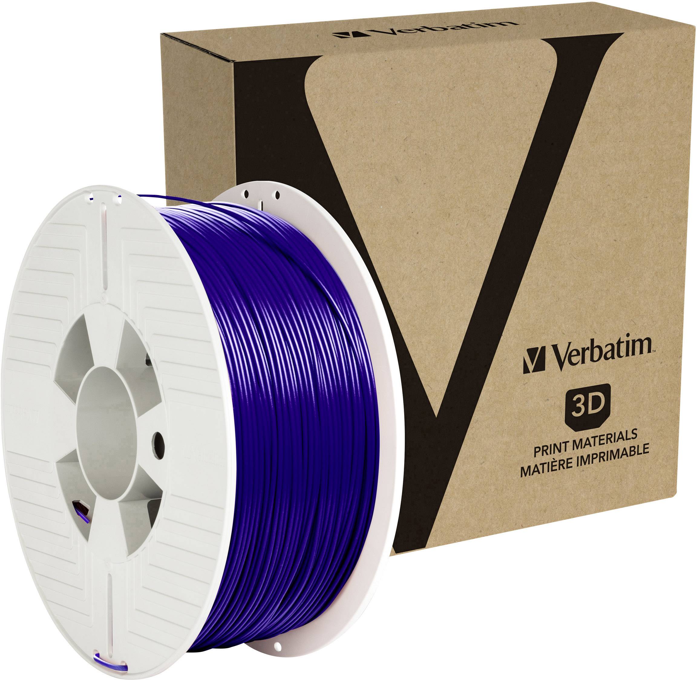 Un rouleau de filament violet pour imprimante 3D à côté d'une boîte d'emballage de la marque Verbatim, affichant le logo et le texte « 3D Print Materials ».