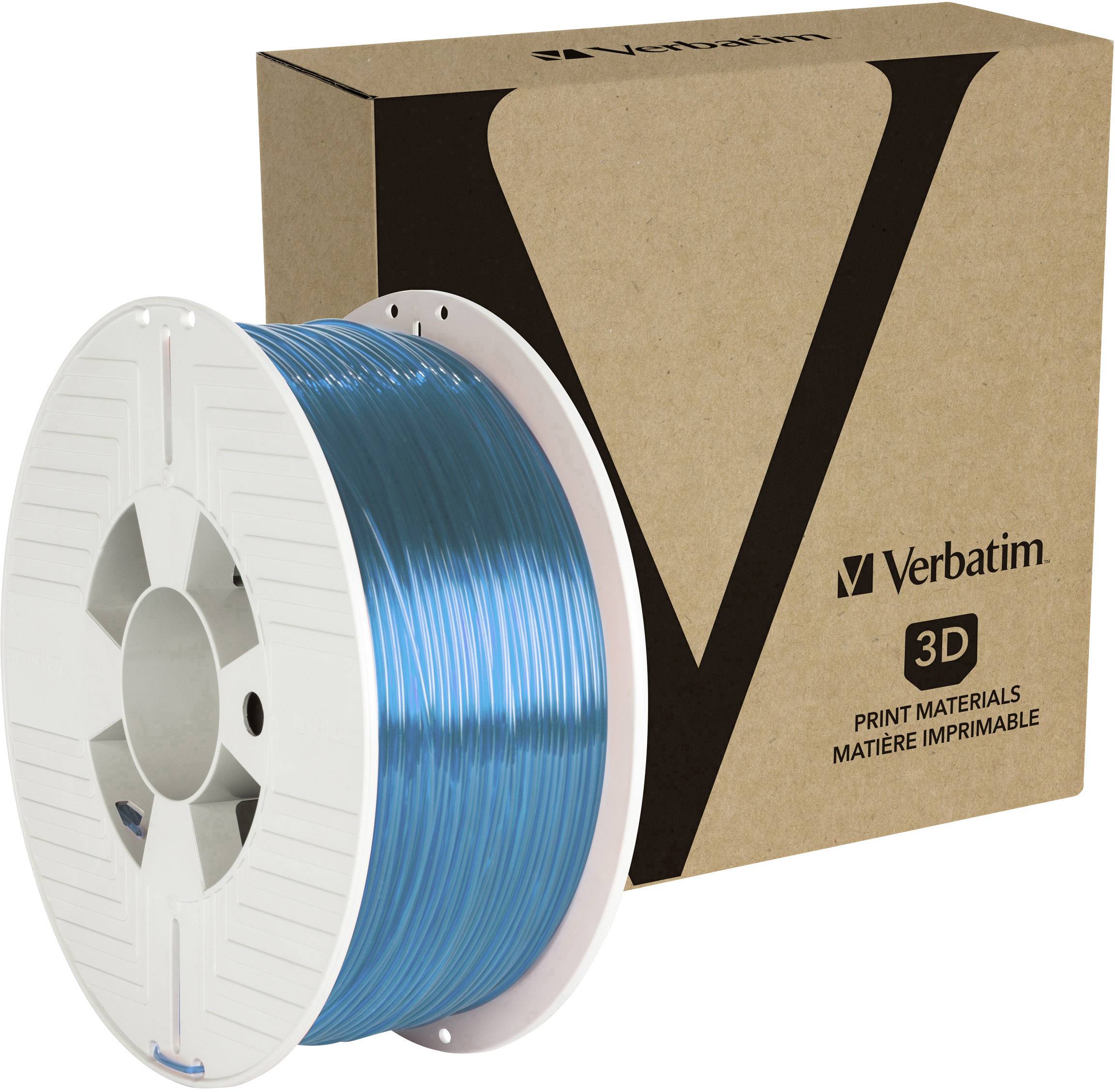 Filament d'impression 3D bleu, enroulé sur une bobine. L'emballage de 'Verbatim' est visible en arrière-plan.
