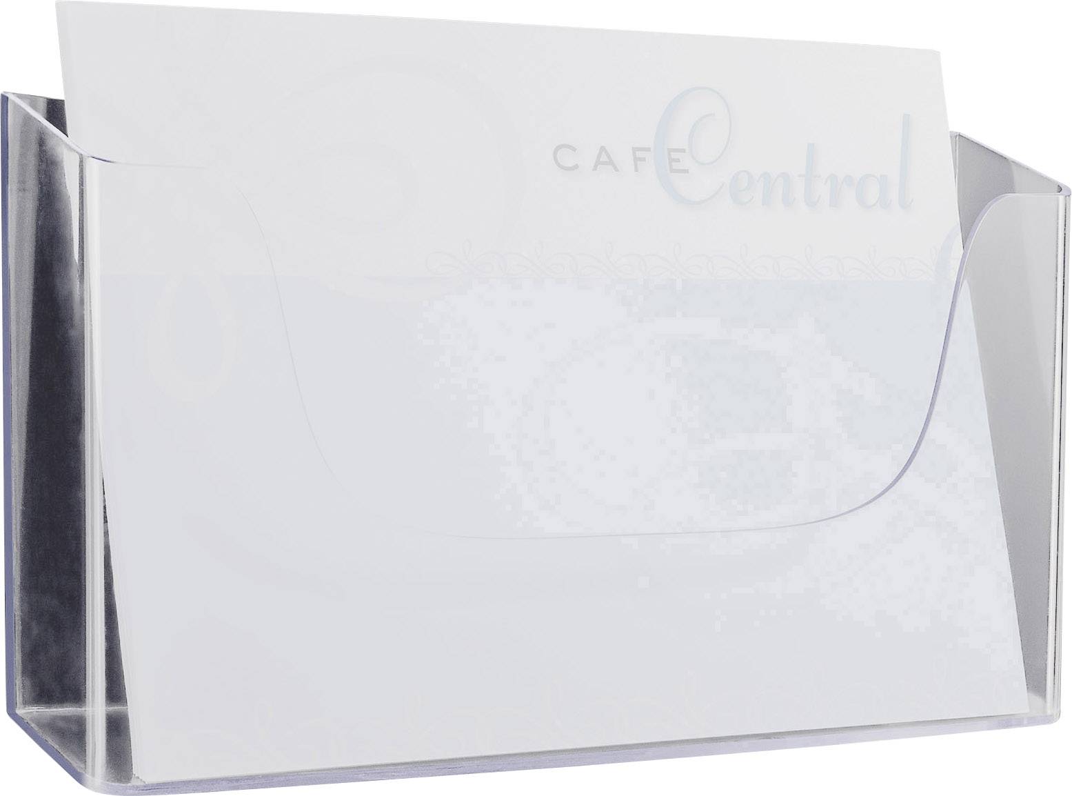 Support de prospectus transparent avec un dépliant partiellement visible. En haut à gauche, le mot 'Cafe Central' est écrit en bleu.