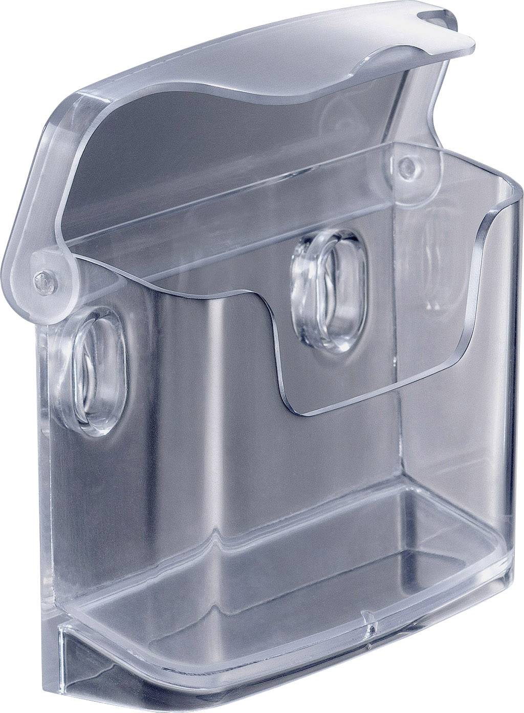 Un support mural en plastique transparent avec un couvercle rabattable, adapté aux brochures ou aux dépliants.